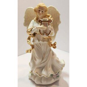 Vtg Porcelain Angel w/Harp Music Box "What a Friend We Have in Jesus" Gold Trim